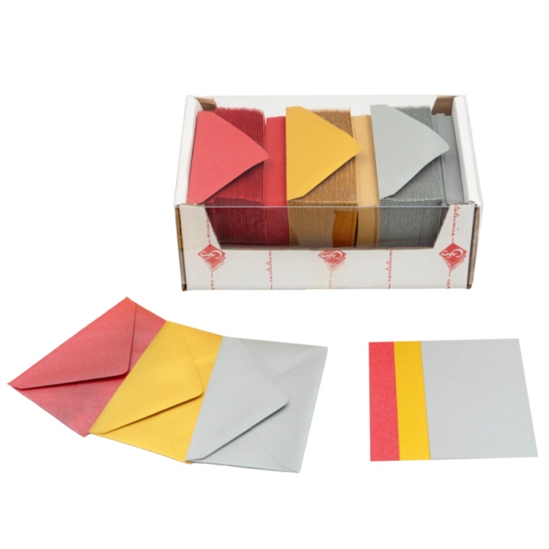 Plic + card Colorarte Perla, culori perlate (rosu, auriu, argintiu), 70x110mm, set 150 buc