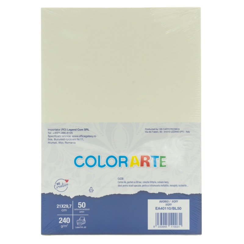 Carton colorat A4 COLORARTE  VITTORIA, 240g/mp, ivory, top 50 coli