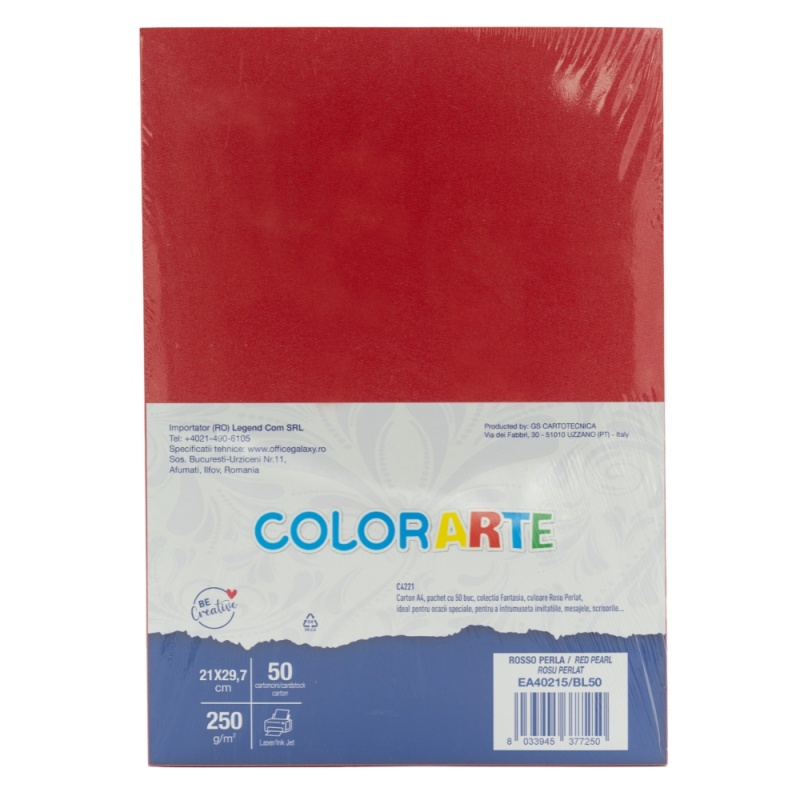 Carton colorat A4 COLORARTE  PERLA, 250g/mp, rosu perlat, top 50 coli