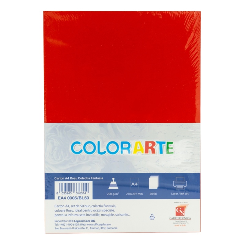 Carton colorat A4 COLORARTE FANTASIA, 200g/mp, rosu, top 50 coli