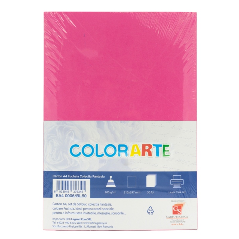 Carton colorat A4 COLORARTE FANTASIA, 200g/mp, fuchsia, top 50 coli