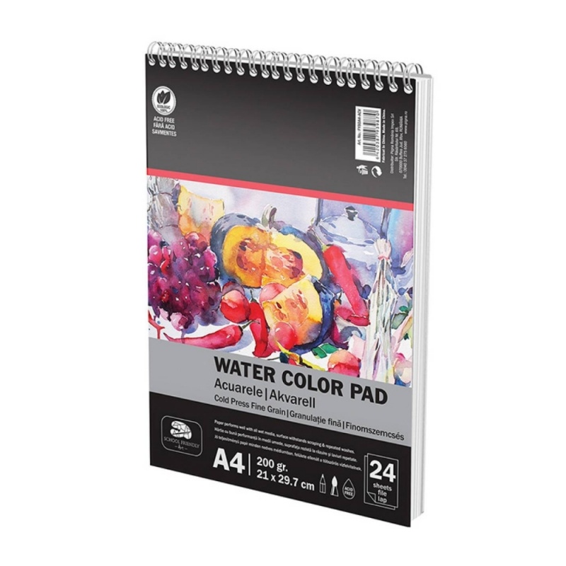 Bloc de desen A4 Pigna, pentru acuarele - pe baza de apa, 24 file, 200g/mp, cu spira