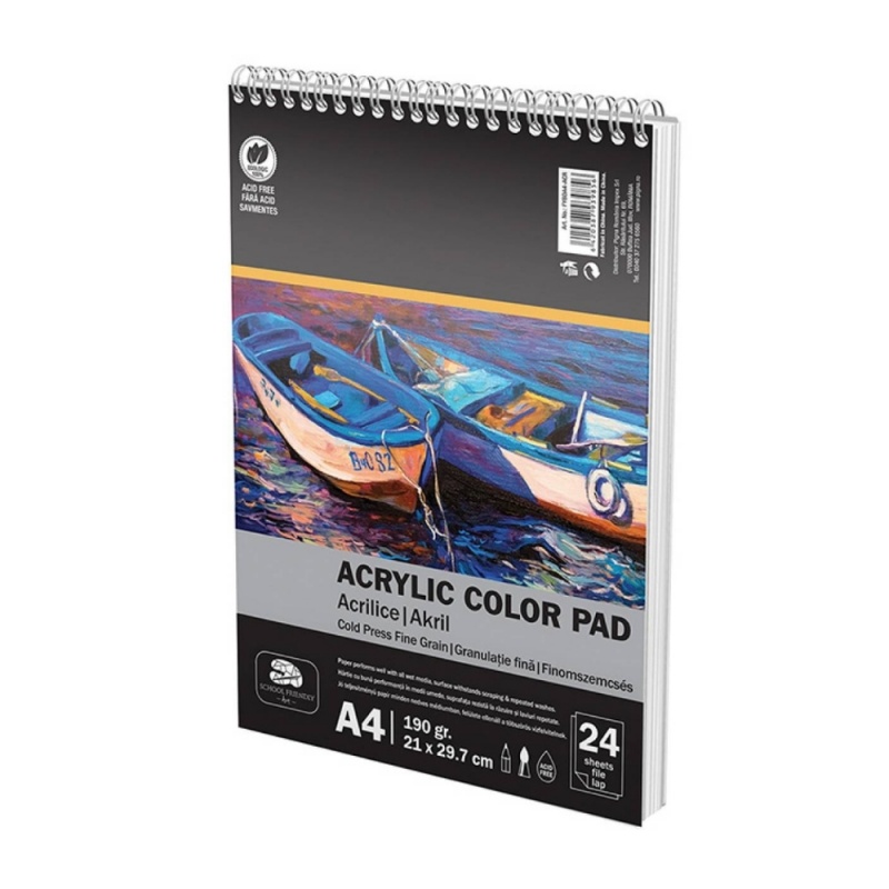 Bloc de desen A4 Pigna, pentru Culori acrilice, 24 file, 190g/mp, cu spira