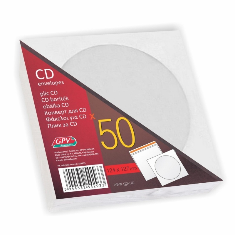 Plic CD DVD GPV 154293, cu fereastra, gumat, alb, set 50 buc