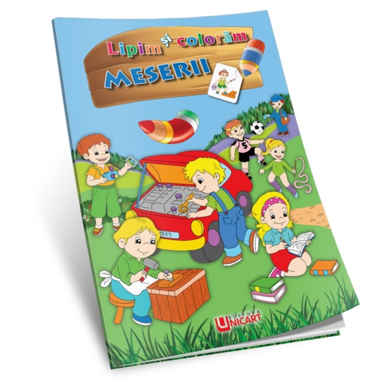 Carte de colorat A4, Lipim si Coloram - Meserii, Unicart