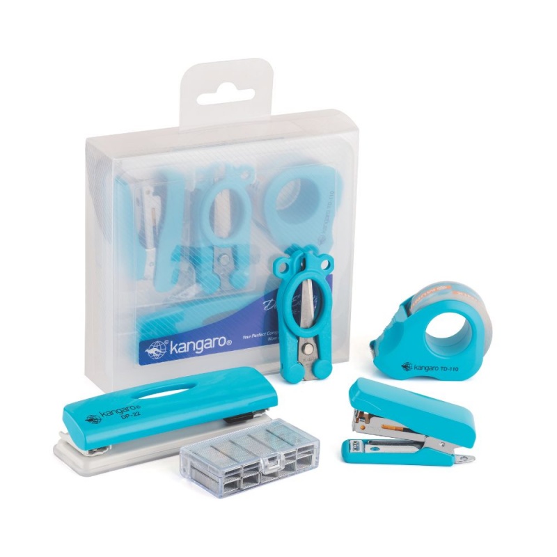 Set birou Kangaro DE-Mini-10 - capsator, perforator, capse, dispenser banda adeziva, foarfeca
