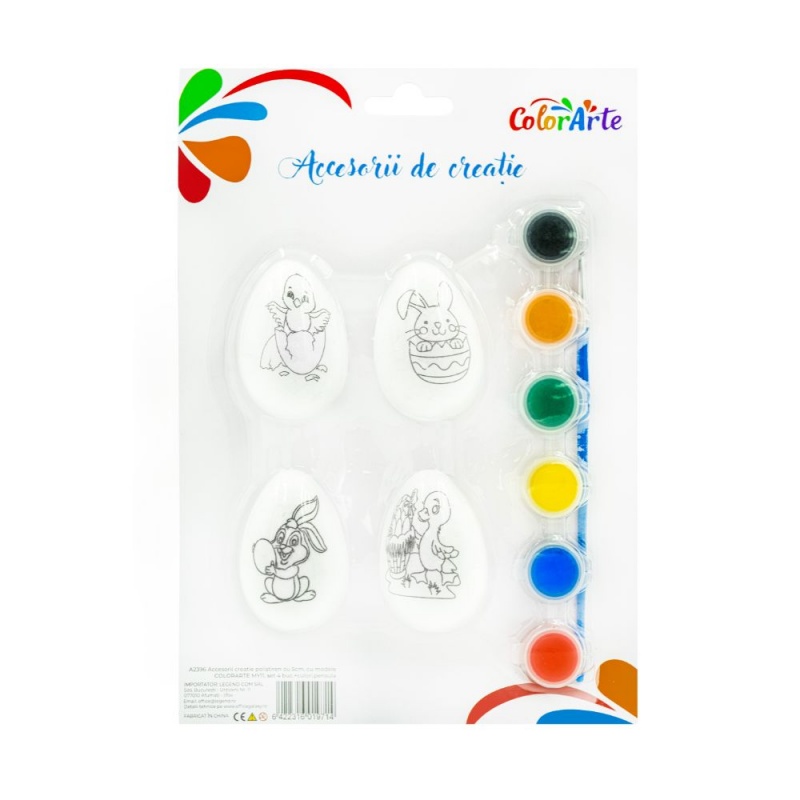 Accesorii creatie - polistiren - ou, alb, pentru pictat / colorat, 5 cm, set 4 buc + pensula + 6 culori, Colorarte, MY11