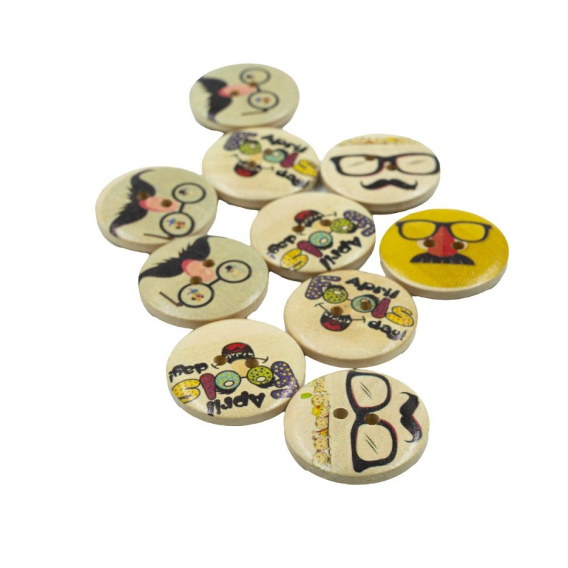 Accesorii creatie - lemn - nasturi, 25mm, natur cu modele mustata - ochelari, set 10 buc, Colorarte
