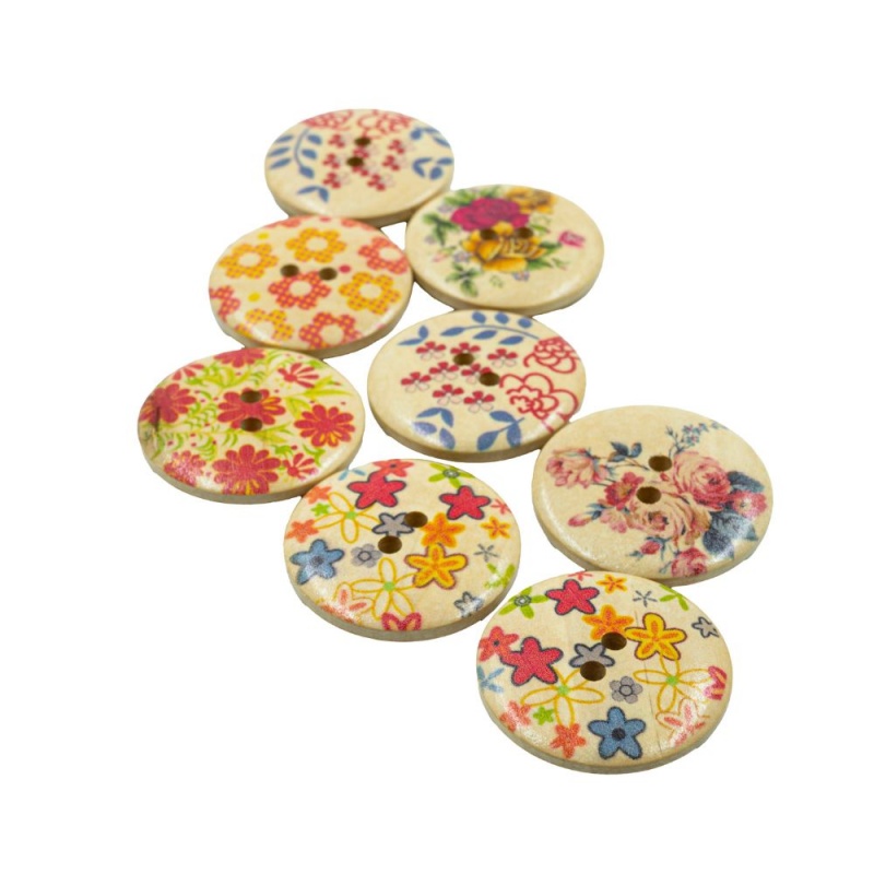 Accesorii creatie - lemn - nasturi, 30mm, natur cu modele flori, set 8 buc, Colorarte