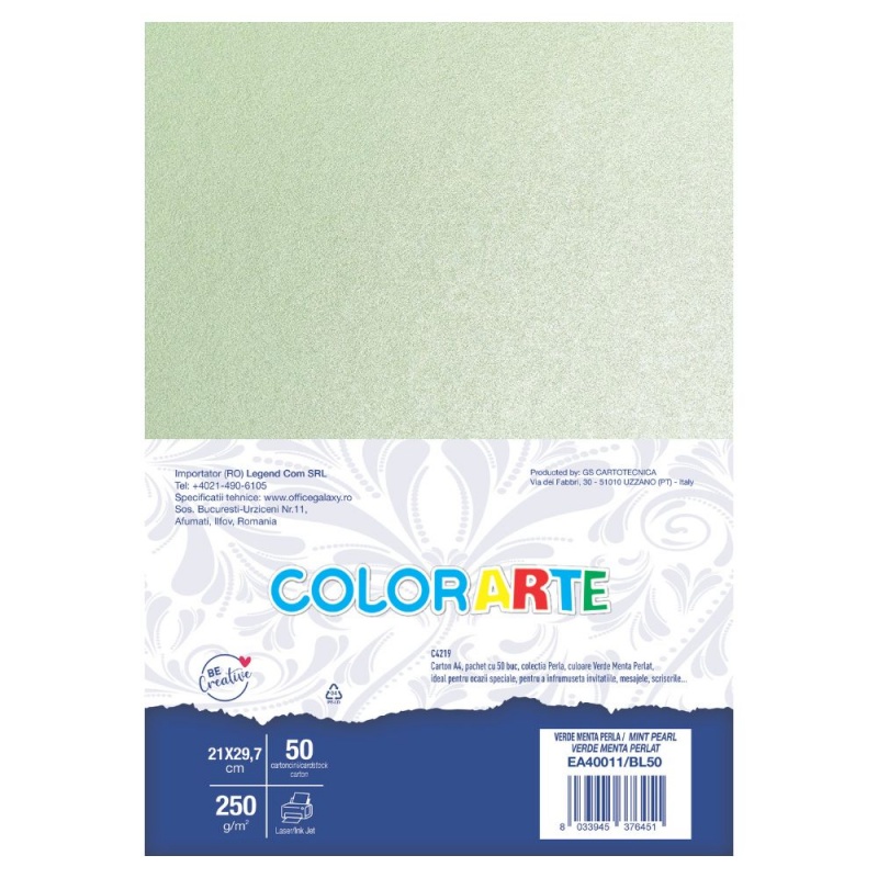 Carton colorat A4 COLORARTE PERLA, 250g/mp, verde menta perlat, top 50 coli