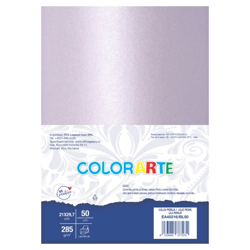 Carton colorat A4 COLORARTE PERLA, 250g/mp, lila perlat, top 50 coli