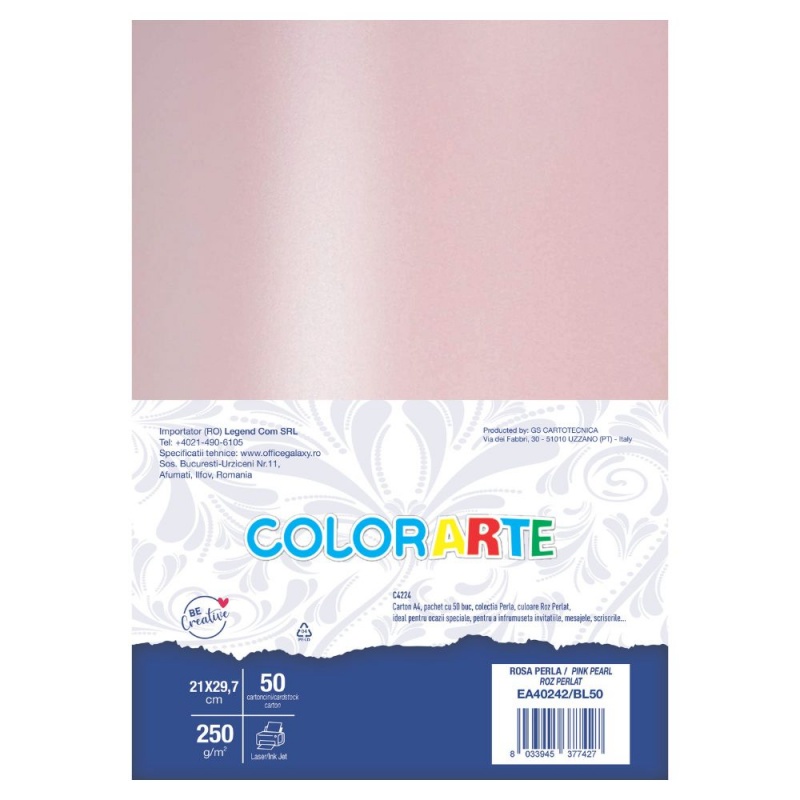 Carton colorat A4 COLORARTE PERLA, 250g/mp, roz perlat, top 50 coli