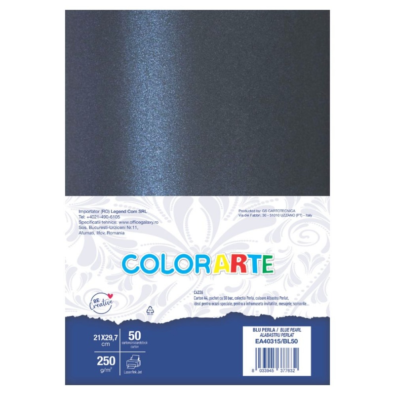 Carton colorat A4 COLORARTE PERLA, 250g/mp, albastru perlat, top 50 coli
