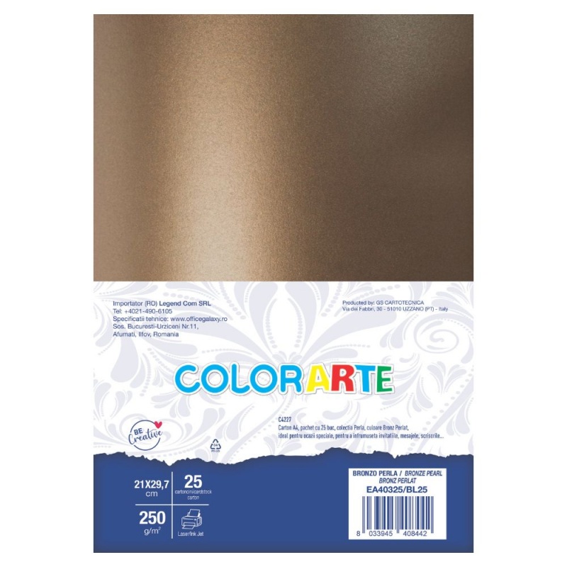 Carton special colorat A4 Colorarte Perla, 250g/mp, bronz perlat, top 50 coli