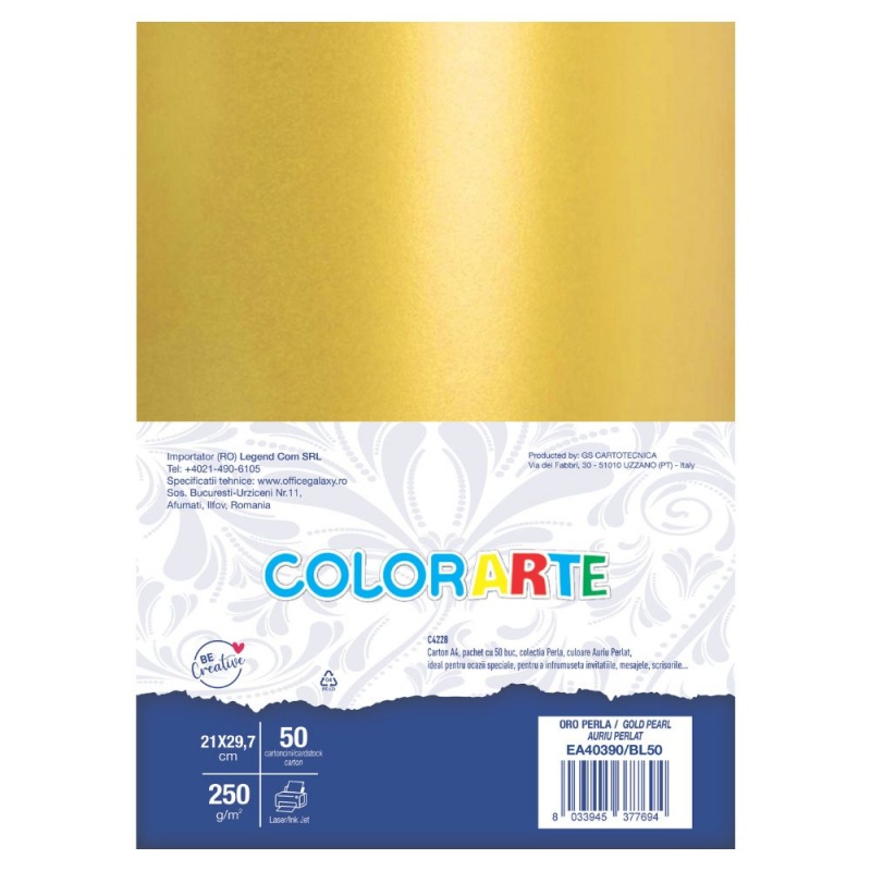 Carton colorat A4 COLORARTE PERLA, 250g/mp, auriu perlat, top 50 coli