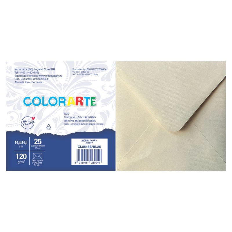 Plic color pentru invitatie Colorarte Vittoria, ivory, 120g/mp, 145x145mm, set 25 buc
