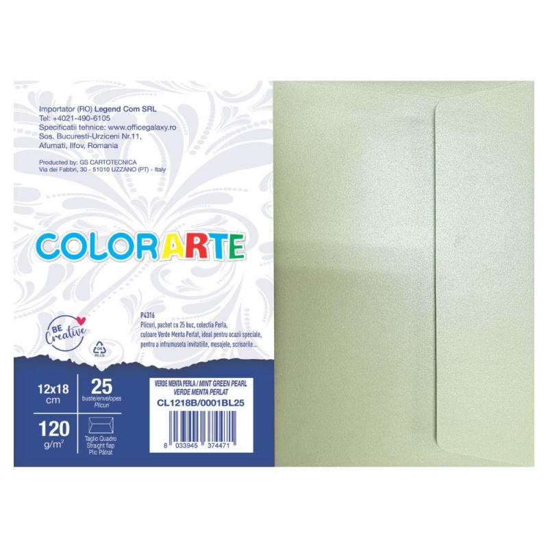 Plic color pentru invitatie Colorarte Perla, verde menta perlat, 120g/mp, 120x180mm, set 25 buc