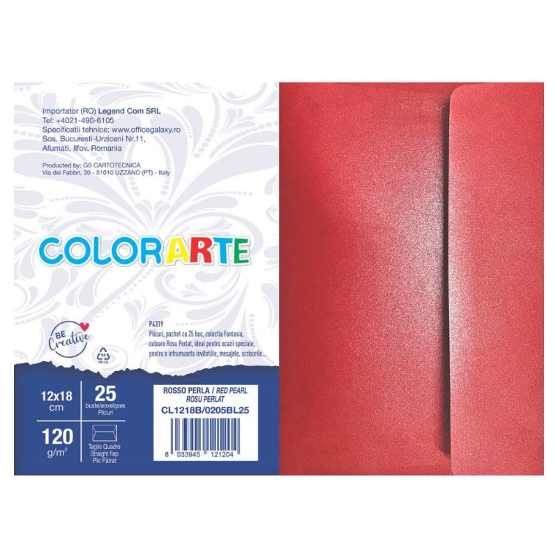 Plic color pentru invitatie Colorarte Perla, rosu perlat, 120g/mp, 120x180mm, set 25 buc