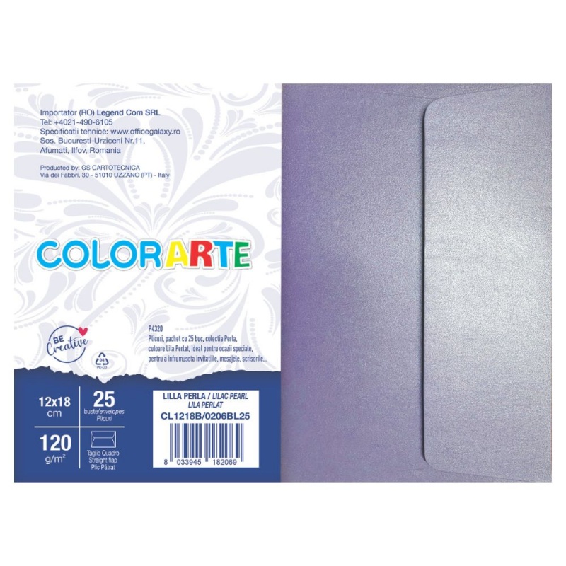 Plic color pentru invitatie Colorarte Perla, lila perlat, 120g/mp, 120x180mm, set 25 buc
