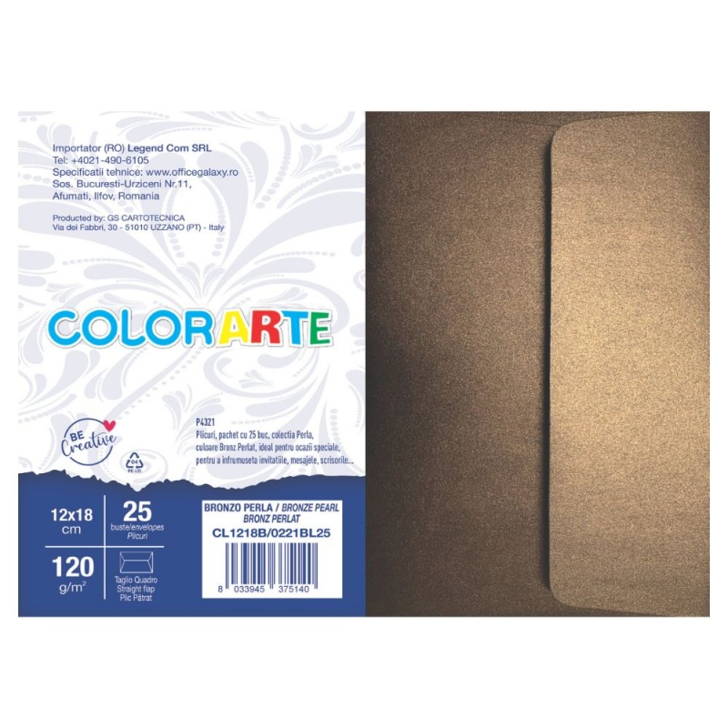 Plic color pentru invitatie Colorarte Perla, bronz perlat, 120g/mp, 120x180mm, set 25 buc