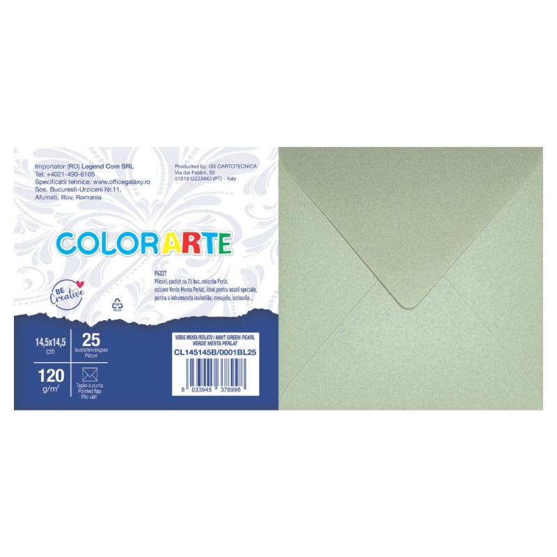 Plic color pentru invitatie Colorarte Perla, verde menta perlat, 120g/mp, 145x145mm, set 25 buc