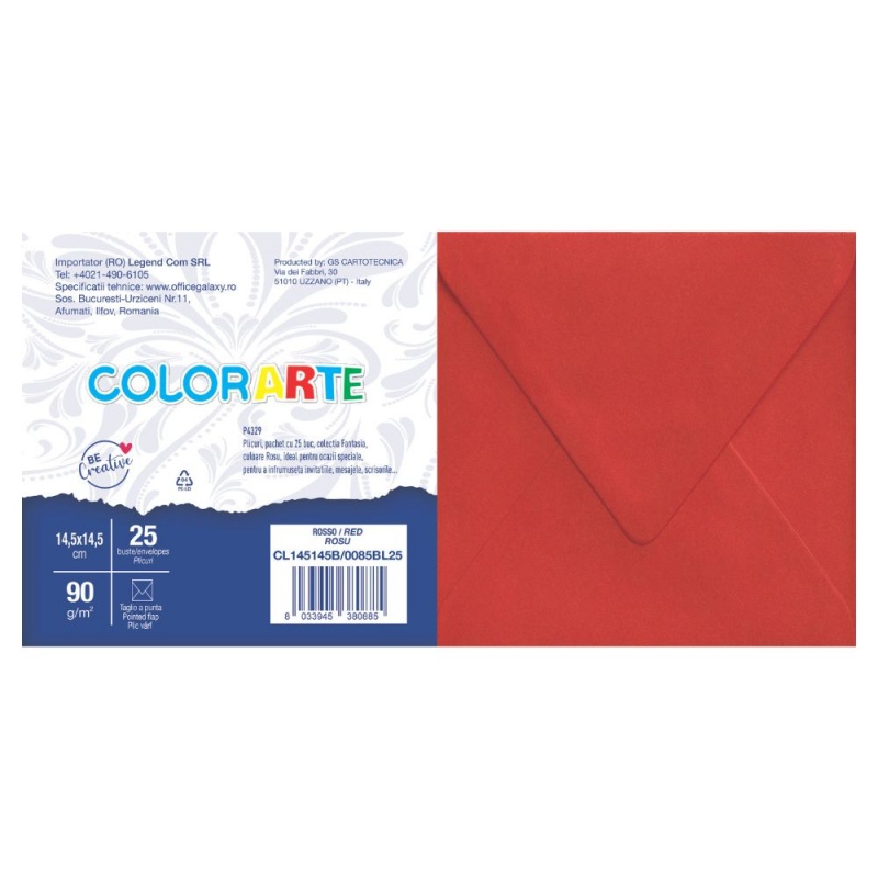 Plic color pentru invitatie Colorarte Fantasia, rosu, 90g/mp, 145x145mm, set 25 buc