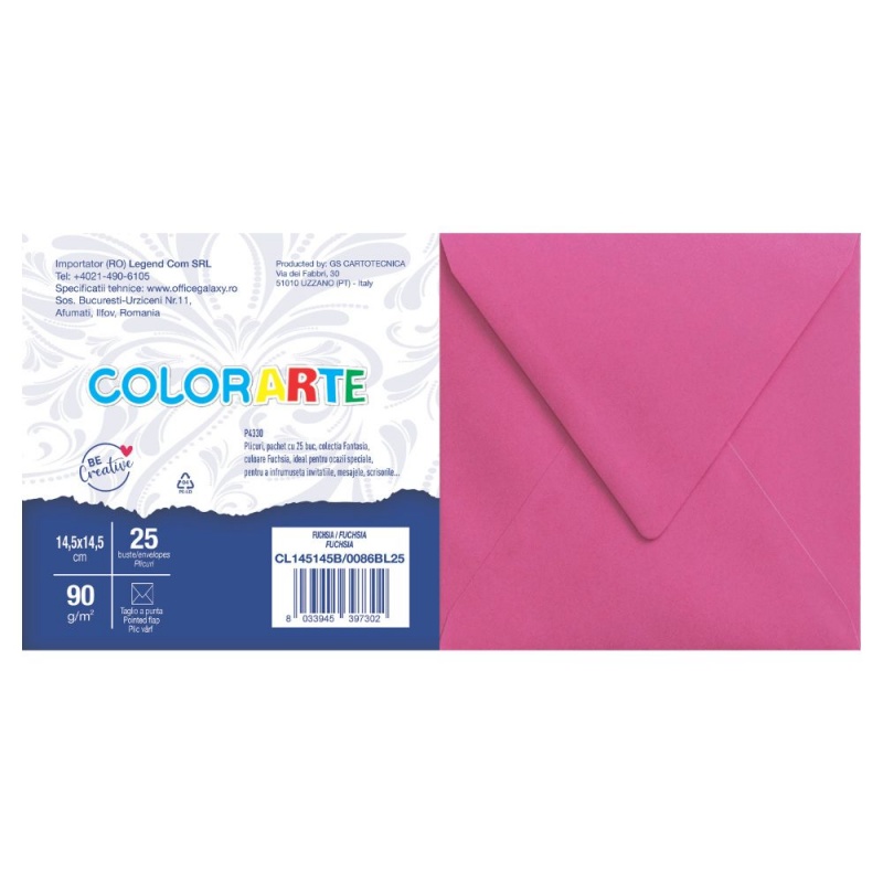 Plic color pentru invitatie Colorarte Fantasia, fuchsia, 90g/mp, 145x145mm, set 25 buc