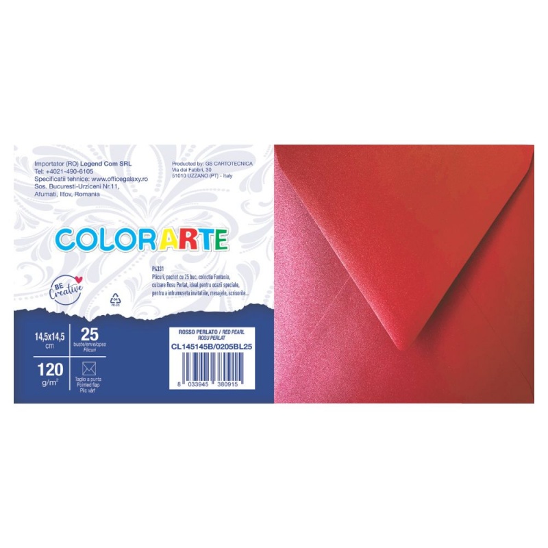 Plic color pentru invitatie Colorarte Perla, rosu perlat, 120g/mp, 145x145mm, set 25 buc