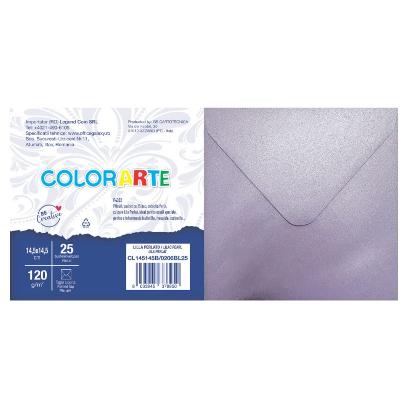 Plic color pentru invitatie Colorarte Perla, lila perlat, 120g/mp, 145x145mm, set 25 buc