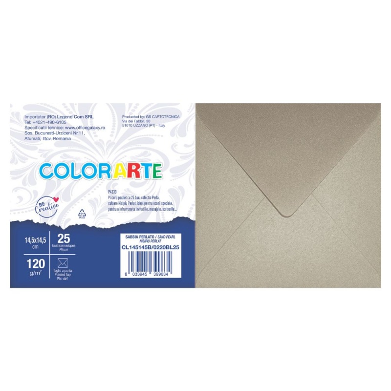 Plic color pentru invitatie Colorarte Perla, nisipiu perlat, 120g/mp, 145x145mm, set 25 buc