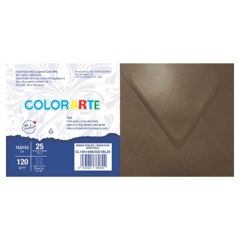 Plic color pentru invitatie Colorarte Perla, bronz perlat, 120g/mp, 145x145mm, set 25 buc
