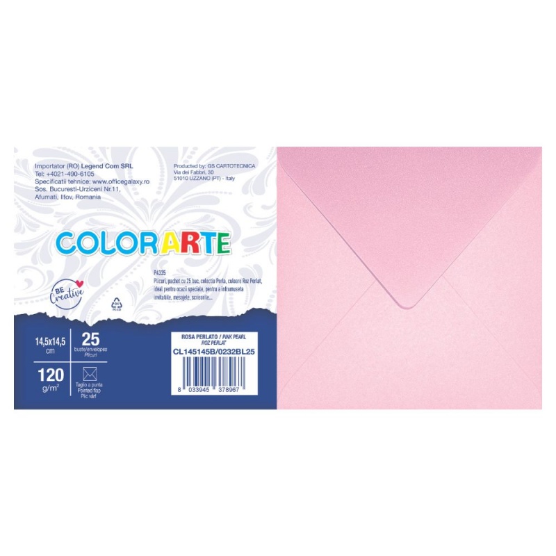 Plic color pentru invitatie Colorarte Perla, roz perlat, 120g/mp, 145x145mm, set 25 buc