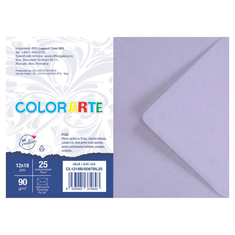 Plic color pentru invitatie Colorarte Fantasia, lila, 90g/mp, 120x180mm, set 25 buc