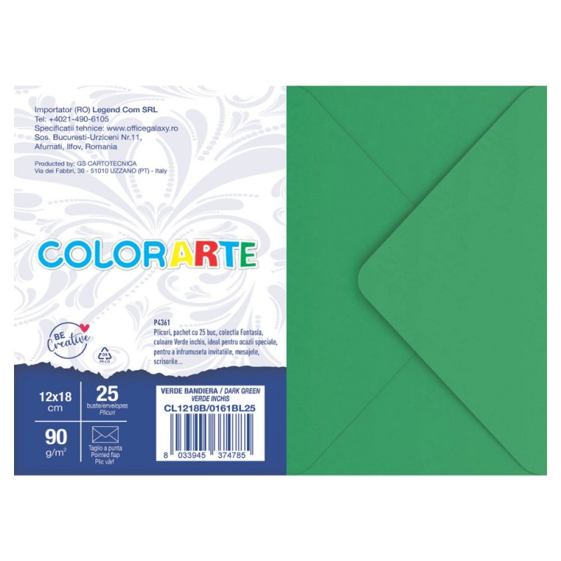 Plic color pentru invitatie Colorarte Fantasia, verde inchis, 90g/mp, 120x180mm, set 25 buc