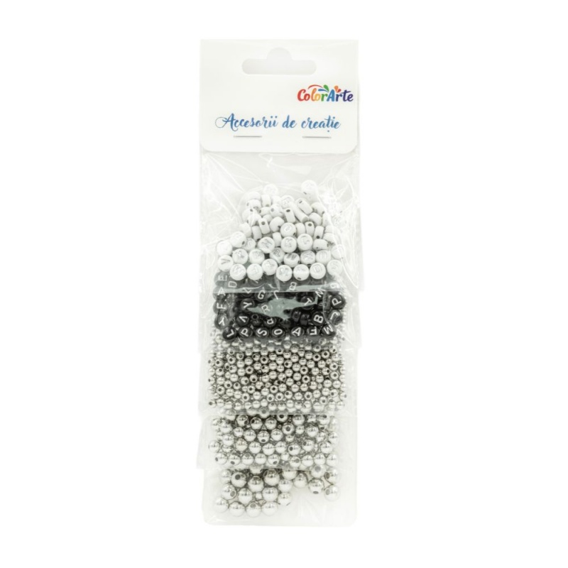 Accesorii creatie - margele plastic, 5 dimensiuni diferite, argintii, 80 g/punga, Colorarte