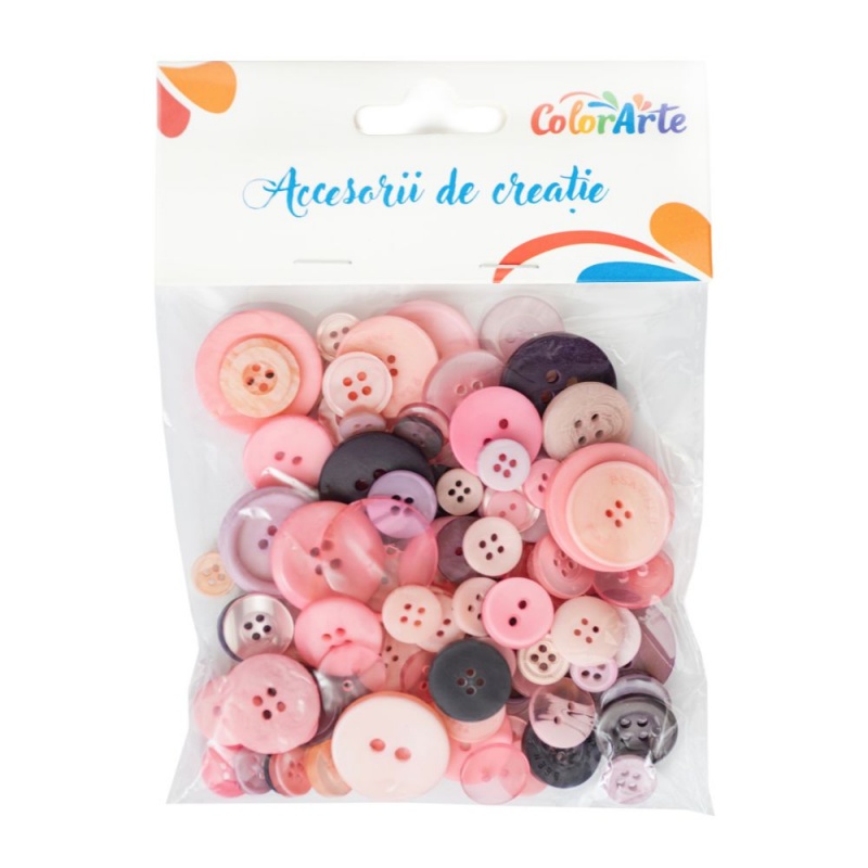 Accesorii creatie - nasturi plastic, diverse nuante roz, 10-23mm, 75 g/punguta, Colorarte