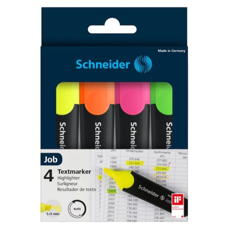 Set 4 x Textmarker Schneider Job 1500, varf tesit, 1-5mm, roz / galben / verde / portocaliu