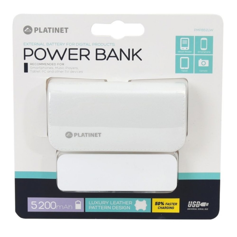 Baterie externa 5200mAh Platinet PMPB52LW / 43411, Li-Ion, USB, microUSB, cablu microUSB inclus, imitatie piele, alb