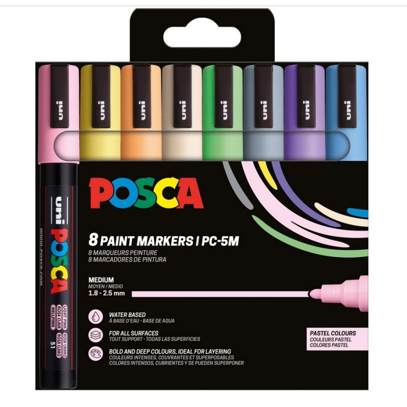 Marker UNI Posca PC-3M, varf rotund, 0.9-1.3mm, set  8 culori pastel