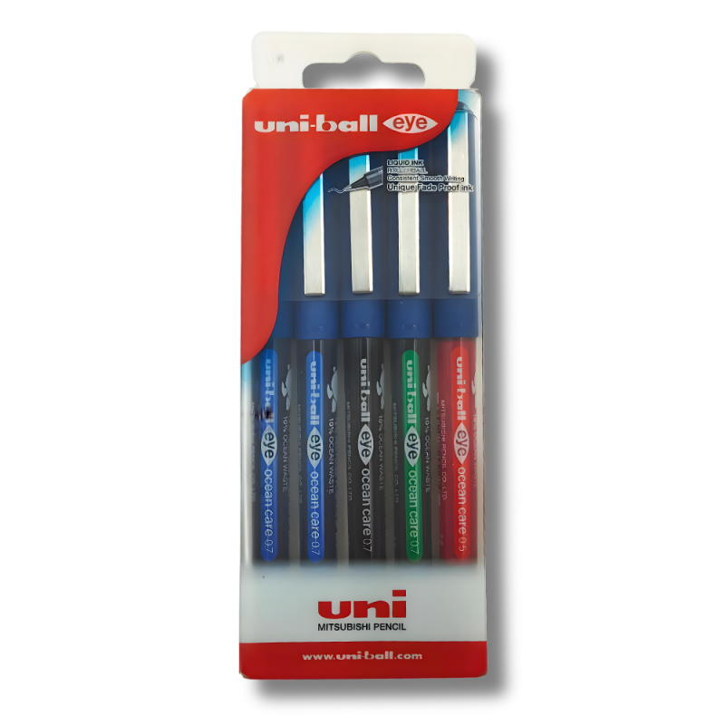 Roller Uni-ball Eye Ocean Care UB-157, 0.7mm, cu capac, set 5 buc, 75% din materiale reciclate din care 10% deseuri din oceane