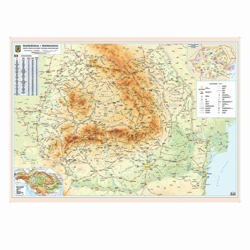 Harta ROMANIA, 140x100cm, fizica-rutiera, AMCO plastifiata