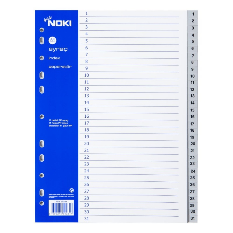 Index plastic numeric 1-31 Noki 59231, A4, portret, gri