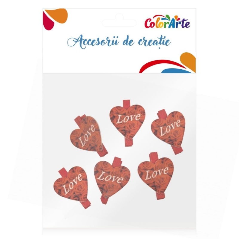 Accesorii creatie - lemn - inimioare LOVE, colorat, 3.5cm, set 6 buc, Colorarte