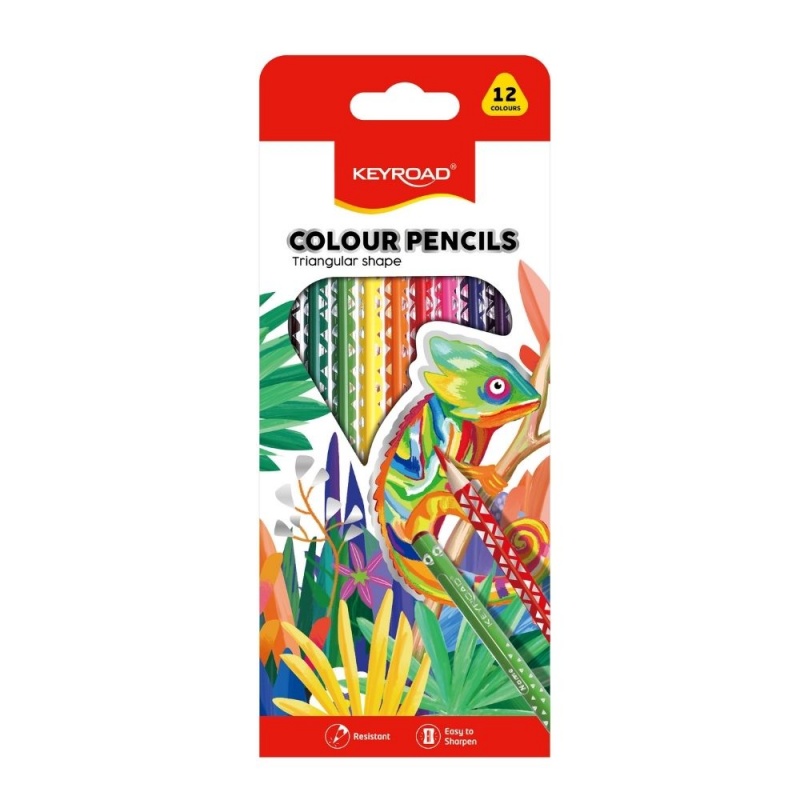 Creioane colorate Keyroad KR971273, triunghiulare, 12 culori, blister carton