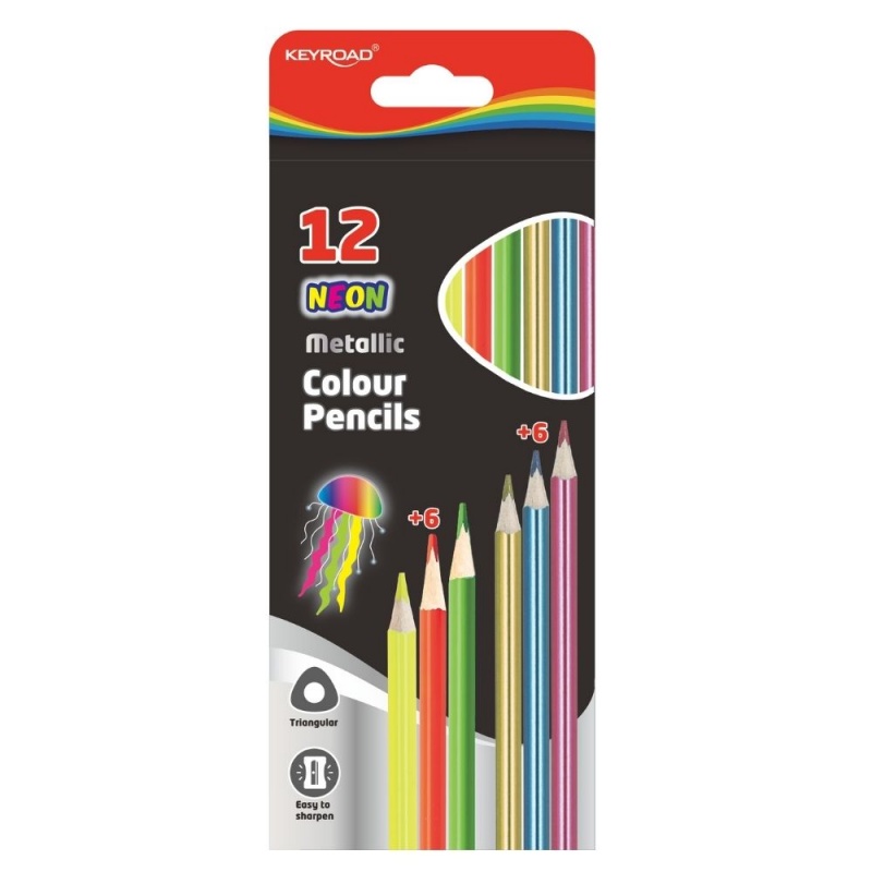 Creioane colorate Keyroad KR971760, triunghiulare, 12 culori, 6 neon, 6 metalice, blister carton