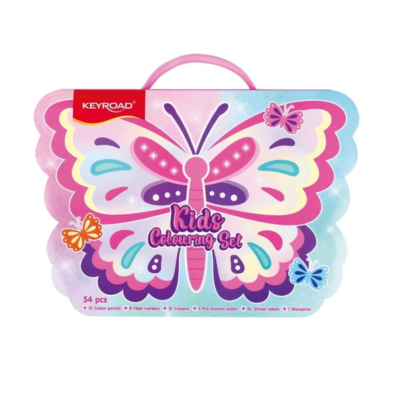 Set coloriaj Keyroad KR973014, 12x creioane colorate, 8x carioci, 12x creioane cerate, 5x coli,16x stickere, ascutitoare