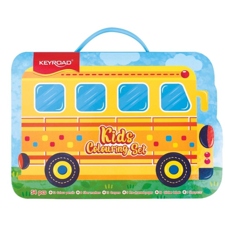 Set coloriaj Keyroad KR973015, 12x creioane colorate, 8x carioci, 12x creioane cerate, 5x coli,16x stickere, ascutitoare