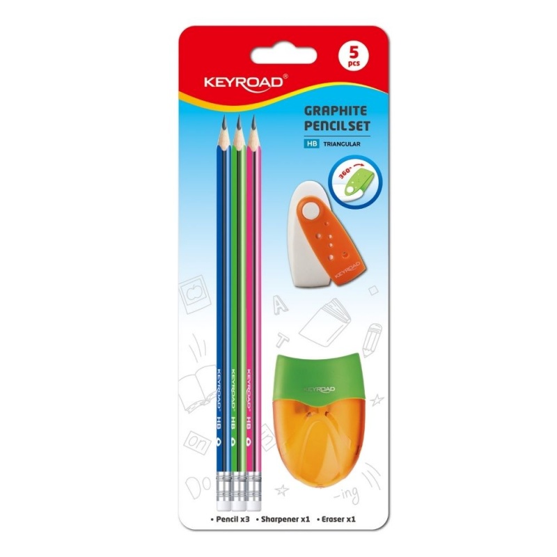 Set scolar Keyroad, 5 piese, 3x creioane, ascutitoare, radiera, KR971849