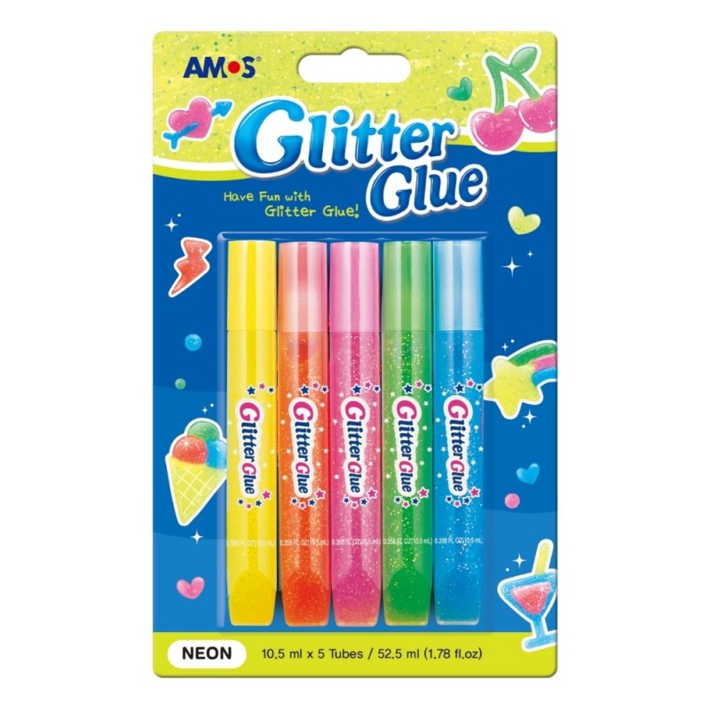 Lipici lichid cu sclipici, culori neon, set 5 buc, Amos, GNE10B5