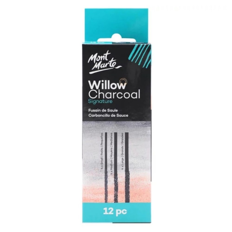 Carbune natural Mont Marte, din salcie, 3 grosimi, set 12 buc, MCG0057